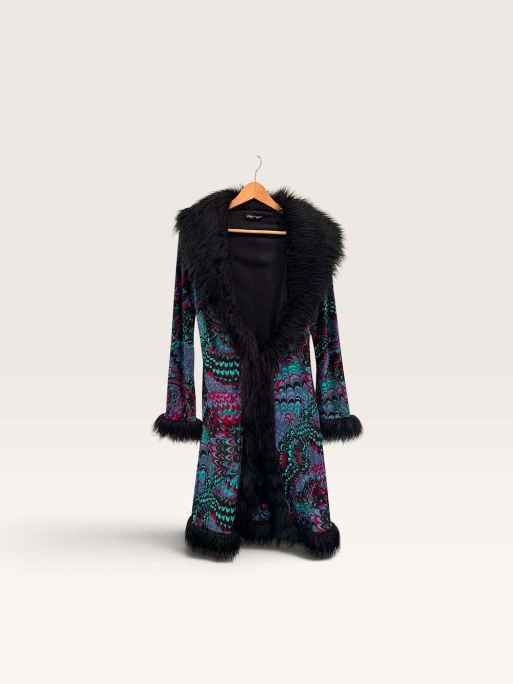Vintage Rare Betsey Johnson Sweater Duster Faux Fur Peacock Psychedelic Pattern